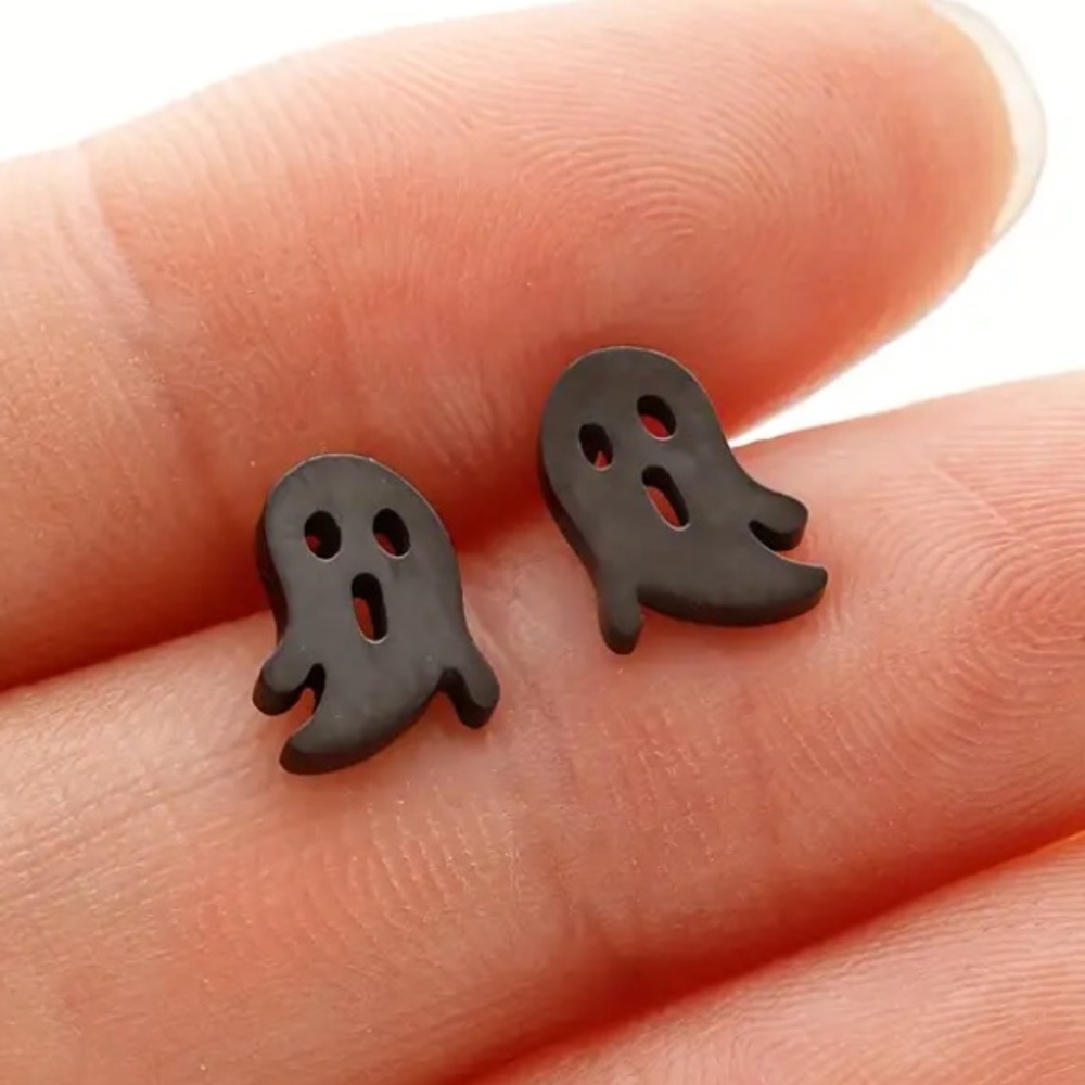 Spooky Ghost Halloween Black Stud Earrings